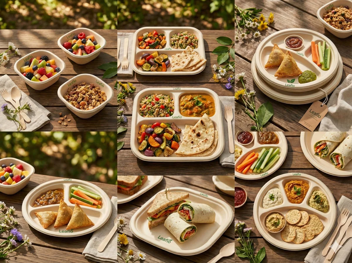 A collage of finished moulded fibre tableware products in use